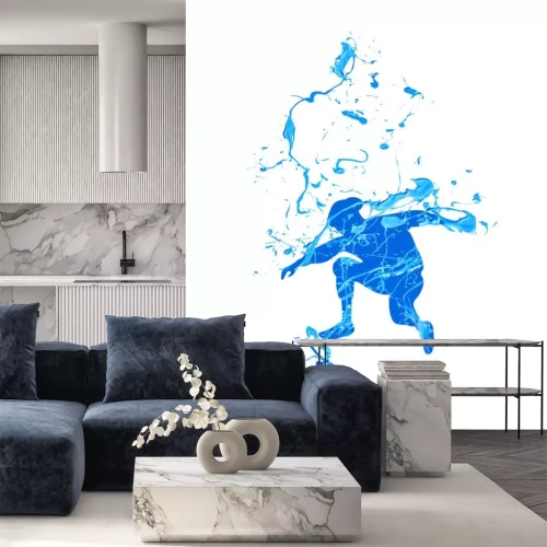 Sticker Skateboardfahrer. Blaue Spritzer Farbe
