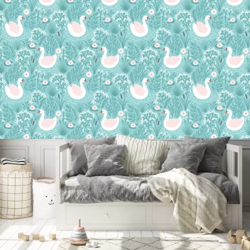 Tapete Vector nahtloses Muster mit Schwan und Florenelementen. Wiederholte Textur mit Vogel.