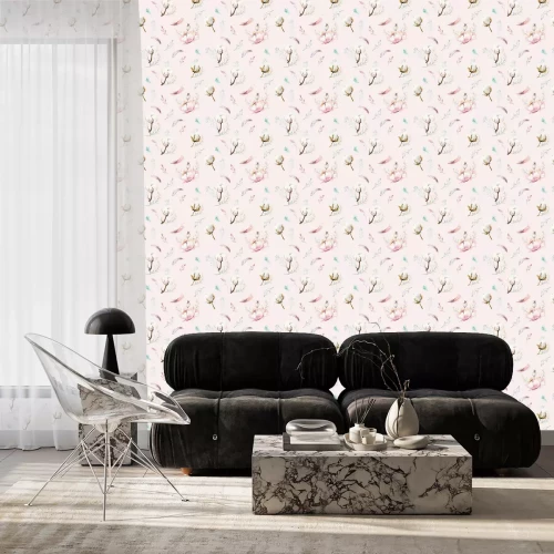 Tapete Aquarell nahtlose Blumenmuster mit Baumwolle. Böhmische natürliche Muster: Blätter, Federn, Blumen, rosafarbener boho weißer Hintergrund. Künstlerische Dekoration Abbildung. Textildesign