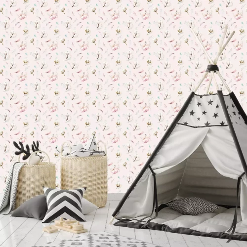 Tapete Aquarell nahtlose Blumenmuster mit Baumwolle. Böhmische natürliche Muster: Blätter, Federn, Blumen, rosafarbener boho weißer Hintergrund. Künstlerische Dekoration Abbildung. Textildesign