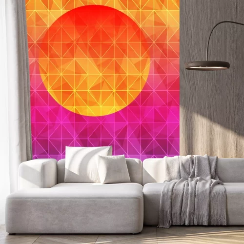 Sticker Geometrischer Hintergrund des niedrigen Polydreiecks mit Sonne über Sonnenuntergang. Mehrfarbige polygonale Vektor-Illustration, die aus Dreiecken bestehen. Abstrakter dreieckiger geometrischer Schabl