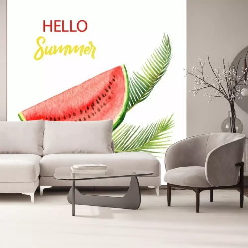 Sticker Tropische Blätter der Aquarellvektorkarte und Scheibe der Wassermelone lokalisiert auf weißem Hintergrund.