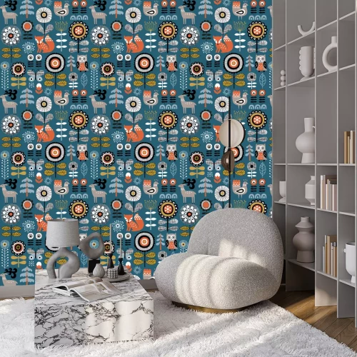 Tapete Skandinavische Eulen, Füchse, Rentiere und Blumen