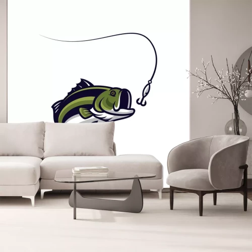 Sticker Fische grün-weißer Fisch und Haken von der Angelrute