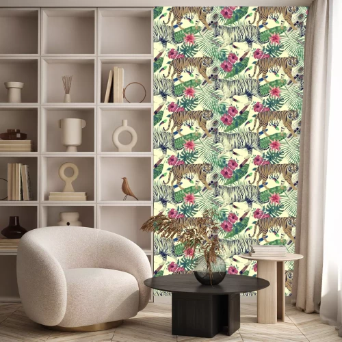 Tapete Nahtloses Aquarellmuster mit Tigern, Blätter, Blumen.