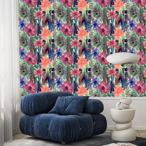 Tapete Collage avec une plume de paon