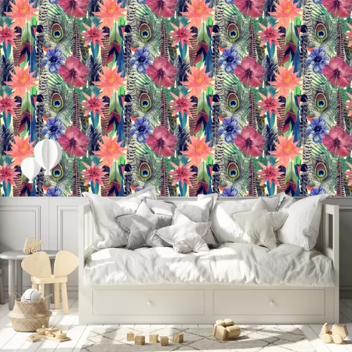 Tapete Collage avec une plume de paon