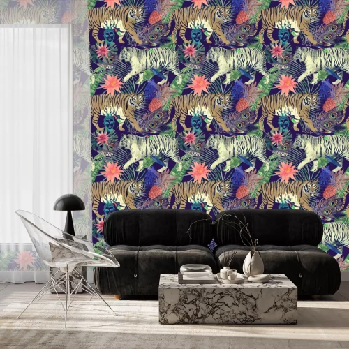 Tapete Nahtloses Aquarellmuster mit Tigern, Blätter, Federn ,.