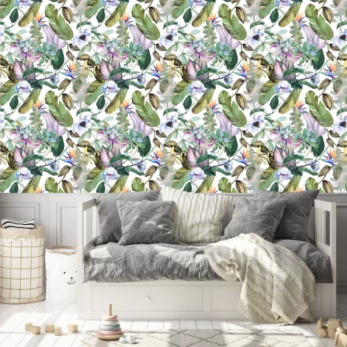 Tapete Nahtloses Aquarellmuster mit tropischen Blumen, Magnolie, succulentsr, Vanilleorchidee, tropische Blätter, Bananenblätter