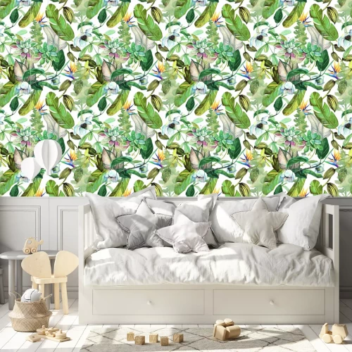 Tapete Nahtloses Aquarellmuster mit tropischen Blumen, Magnolie, succulentsr, Vanilleorchidee, tropische Blätter, Bananenblätter