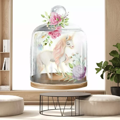 Sticker Schön, Einhorn, magisches Pferd und Blumen in einem Glasmaurerglas. Fantasieaquarellillustration lokalisiert auf Weiß