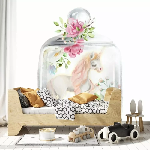 Sticker Schön, Einhorn, magisches Pferd und Blumen in einem Glasmaurerglas. Fantasieaquarellillustration lokalisiert auf Weiß