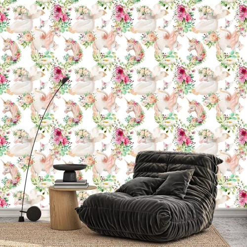 Tapete Aquarell Pegasi unter schönen Blumen