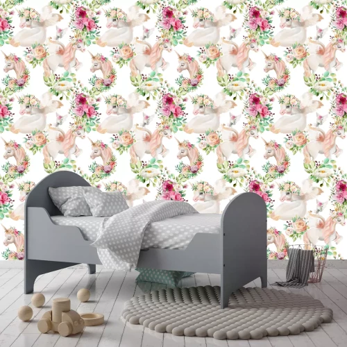 Tapete Aquarell Pegasi unter schönen Blumen