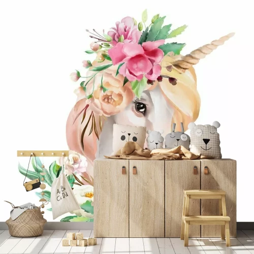 Sticker Schöner, netter, Aquarelleinhornkopf mit Blumen, Blumenkrone, Blumenstrauß lokalisiert auf Weiß