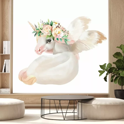 Sticker Schönes, nettes, träumendes Einhorn des Aquarells, Pegasus mit Flügeln und Blumen, Blumenkrone, Blumenstrauß lokalisiert auf Weiß