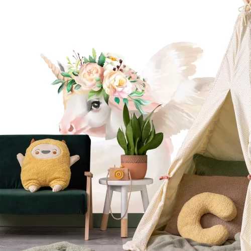 Sticker Schönes, nettes, träumendes Einhorn des Aquarells, Pegasus mit Flügeln und Blumen, Blumenkrone, Blumenstrauß lokalisiert auf Weiß