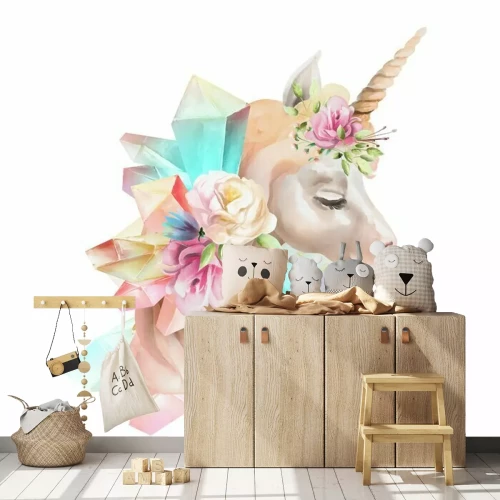 Sticker Schöner, netter, Aquarelleinhornkopf mit den Blumen, Blumenkrone, Blumenstrauß und magischen Kristallen lokalisiert auf Weiß