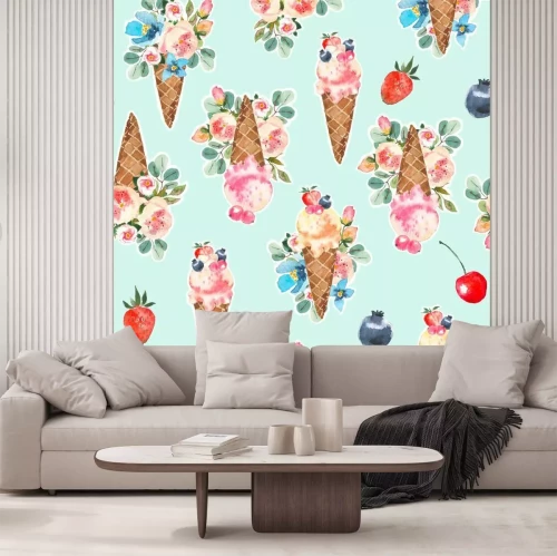 Sticker Aquarelleiscremekegel und blühende Rosen, Eucaliptus, nahtloses Muster des Blumenblumenstraußes