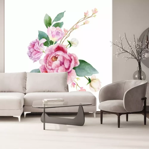 Sticker Aquarellvektor-Handmalereiillustration von Pfingstrosenblumen und von Grünblättern.