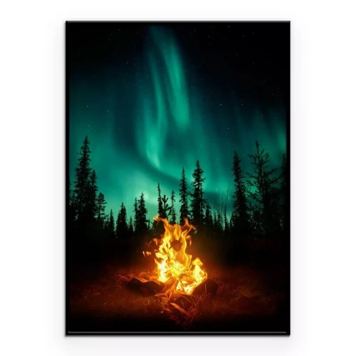 Poster Ein Lagerfeuer im Wald mit den Nordlichtern im Hintergrund