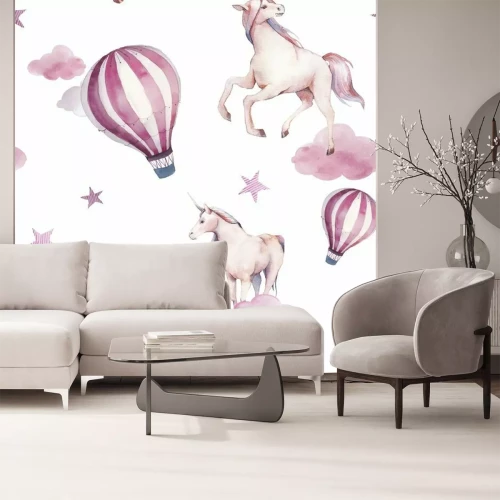 Sticker Nahtloses Muster des Aquarelleinhorns, der Wolken und des Heißluftballons. Handgemalte Märchenbeschaffenheit auf weißem Hintergrund. Cartoon Baby Tapete Design