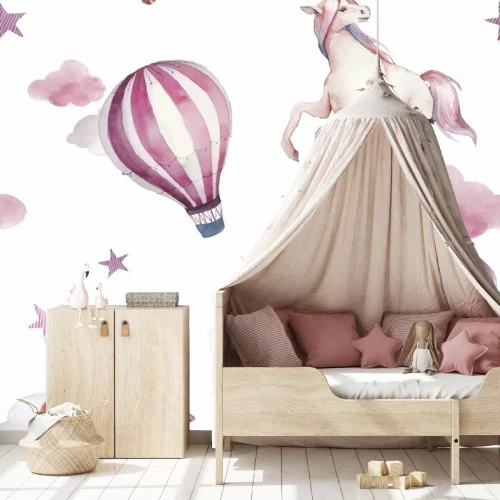 Sticker Nahtloses Muster des Aquarelleinhorns, der Wolken und des Heißluftballons. Handgemalte Märchenbeschaffenheit auf weißem Hintergrund. Cartoon Baby Tapete Design