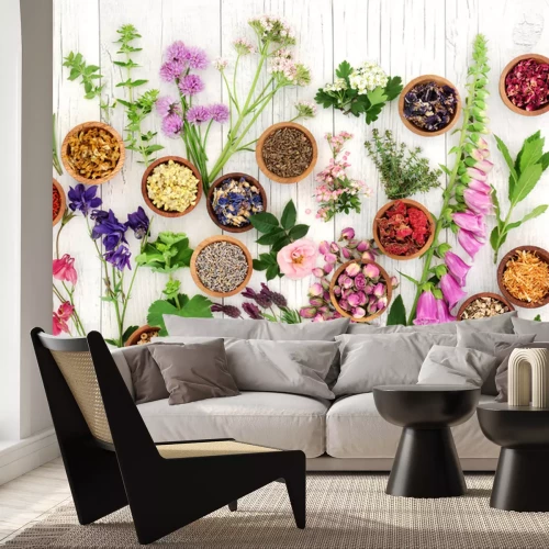 Fototapete Kräuter und Gewürze auf einem hölzernen Hintergrund