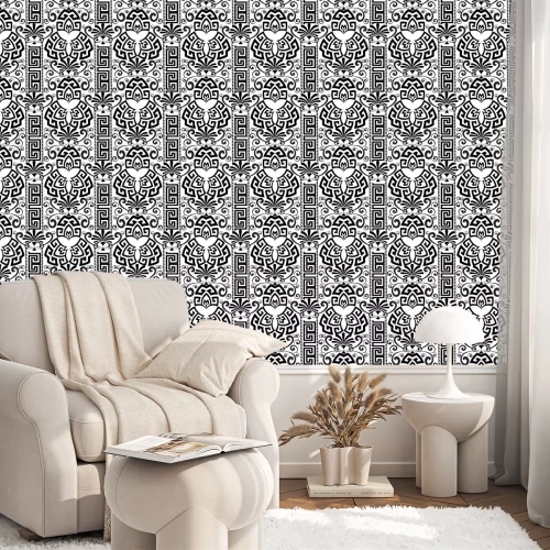 Tapete Dekoratives Schwarzweiss-griechisches nahtloses mit Blumenmuster.