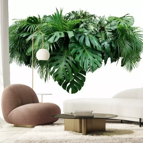 Sticker Tropischer Blattlaubbetriebsdschungelbuschblumenanordnungs-Naturhintergrund lokalisiert auf weißem Hintergrund, Beschneidungspfad eingeschlossen.