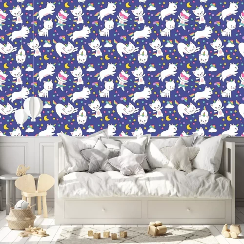 Tapete Bunte Katzen als Einhörner verkleidet