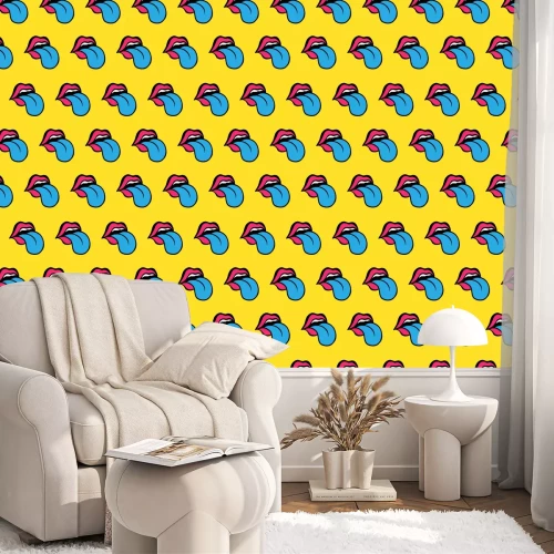 Tapete Comic-Lippen im Pop-Art-Stil auf gelbem Hintergrund