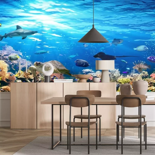 Fototapete Unterwasserszene mit Korallenriff und exotischen Fischen