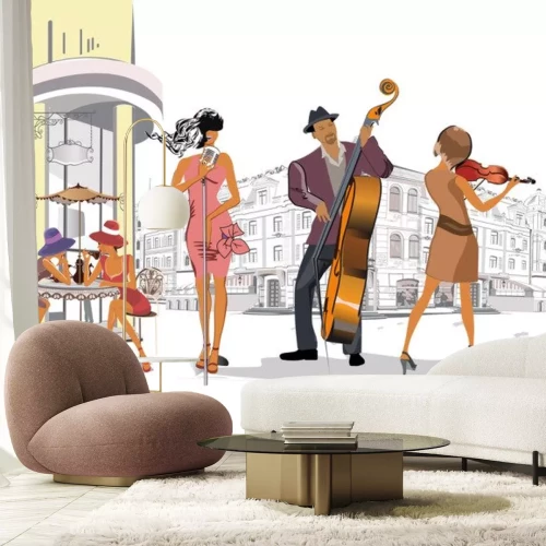 Sticker Musikband spielt für Kunden eines Cafés