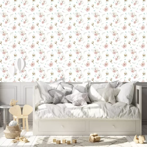 Tapete Aquarell nahtlose Blumenmuster mit Baumwolle. Böhmische natürliche Muster: Blätter, Federn, Blumen, rosafarbener boho weißer Hintergrund. Künstlerische Dekoration Abbildung. Textildesign