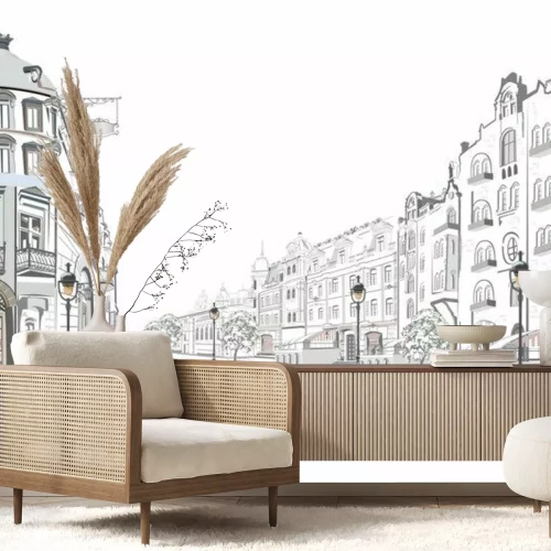 Sticker Reihe von Straßenansichten in der alten Stadt. Hand gezeichneter Vektorarchitekturhintergrund mit historischen Gebäuden.