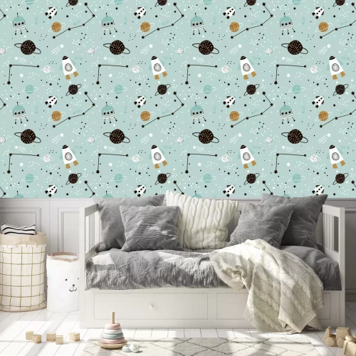 Tapete Kindisches nahtloses Muster mit Hand gezeichnetem Raumelementraum, Rakete, Stern, Planet, Raumsonde. Trendy Kinder Vektor Hintergrund.