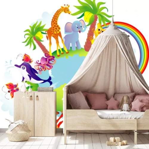 Sticker Cartoon-Tiere herumlaufen einem Globus