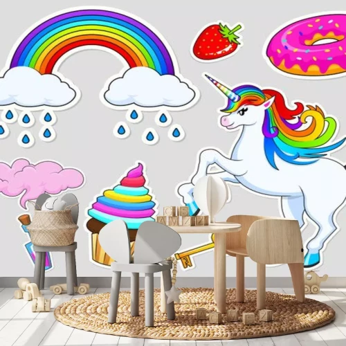 Sticker Sammlung von Regenbogengrafiken, die verschiedene Motive darstellen