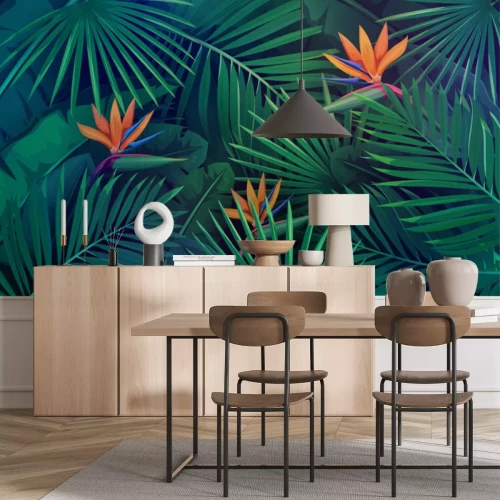 Fototapete Tropische Blätter und orangefarbene Paradiesvogelblumen