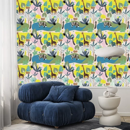 Tapete Buntes tropisches Muster mit Safaritieren