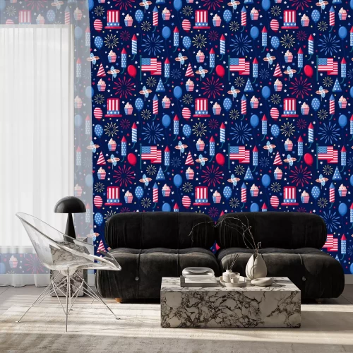 Tapete Nahtloses weißes Muster USA-Feiertags. Vektor drucken Hintergrund. Amerikanische Nationalsymbole, Feier Unabhängigkeitstag