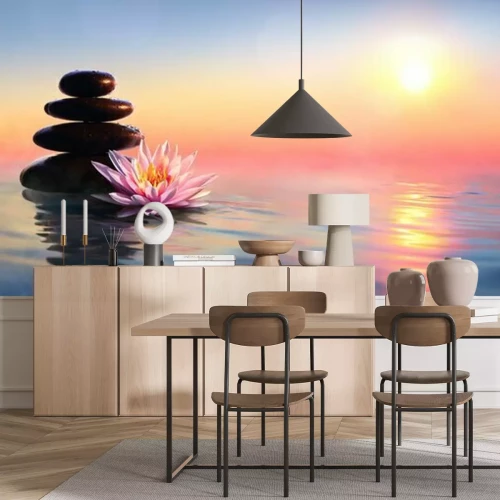 Fototapete Schwarze Steine und Blumen im Wasser