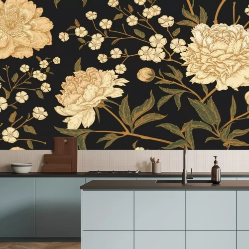 Fototapete Helle Blumen auf schwarzem Hintergrund im Retro-Stil