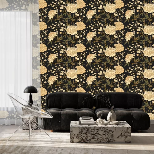 Tapete Helle Blumen auf schwarzem Hintergrund im Retro-Stil