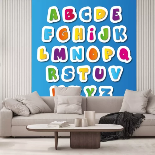 Sticker Alphabet für Kinder auf blauem Hintergrund