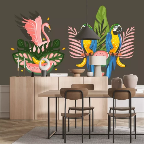 Sticker Übergeben Sie gezogene Vektorzusammenfassungskarikatur-Sommerzeit grafische Dekorationsillustrations-Zeichensammlung, die mit rosa Flamingo- und Papageienara-Vögeln des exotischen tropischen Regenwald