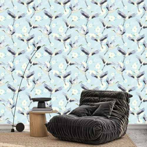 Tapete Kraniche im Flug auf blauem Hintergrund