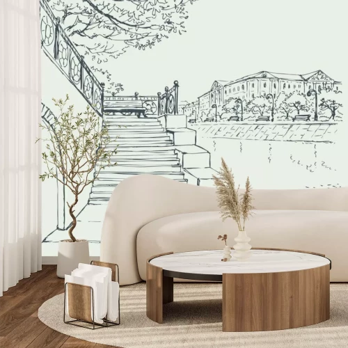 Sticker Vector Stadtbild. Ein alter Stein Kai. Schritte in die Gasse