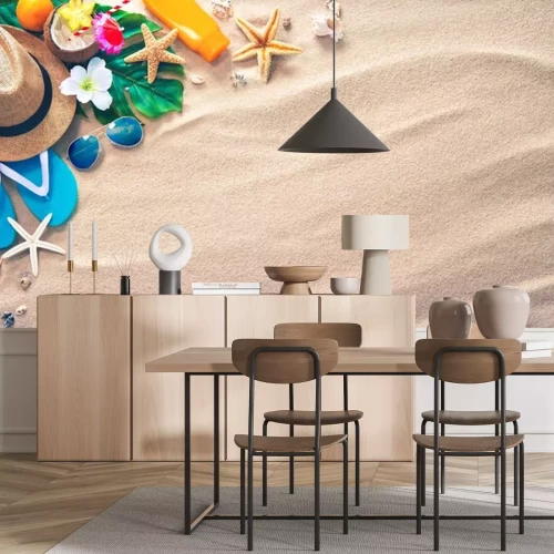 Sticker Strohhut mit einem exotischen Cocktail und Sonnenbrille am Sandstrand